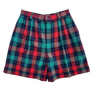 Signature Expressions Women 14 Red Green Plaid Wool Blend Culotte Pleated Shorts